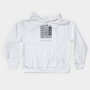 Three Amsterdam old houses, Netherlands. Realistic black and white illustration. Kids Hoodie